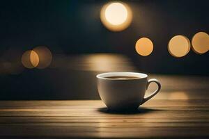 une tasse de café sur une en bois table avec flou lumières. généré par ai photo