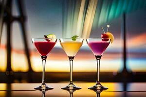 Trois des cocktails dans des lunettes sur une table avec une pont dans le Contexte. généré par ai photo