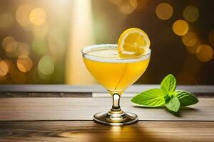 une cocktail avec citron et menthe sur une en bois tableau. généré par ai photo