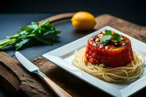 une assiette avec spaghetti et tomate sur il. généré par ai photo