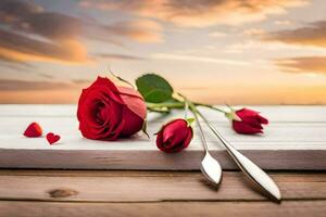 rouge des roses et cuillère sur une en bois tableau. généré par ai photo