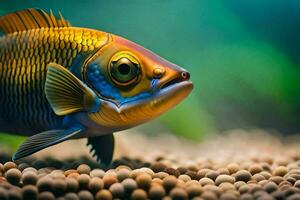 une poisson avec une bleu et Jaune corps est permanent sur certains gravier. généré par ai photo