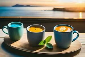 Trois tasses de café avec bougies sur une plateau. généré par ai photo