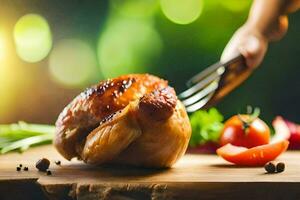 une la personne est Coupe une poulet sur une en bois Coupe planche. généré par ai photo