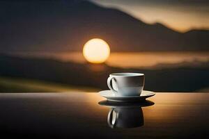 café tasse sur une table avec le Soleil réglage derrière il. généré par ai photo