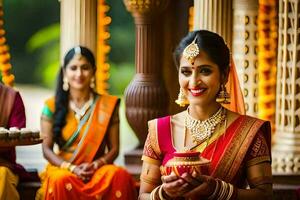 une femme dans une sari est en portant une plateau de aliments. généré par ai photo