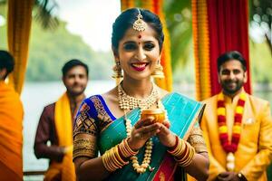 une magnifique la mariée dans traditionnel Indien tenue. généré par ai photo