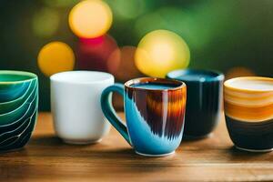 cinq différent coloré café tasses sur une tableau. généré par ai photo