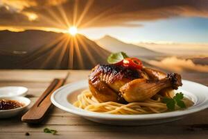 poulet et nouilles sur une assiette avec une le coucher du soleil dans le Contexte. généré par ai photo