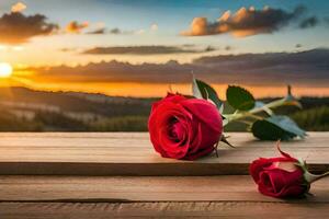 deux rouge des roses sur une en bois table avec une le coucher du soleil dans le Contexte. généré par ai photo