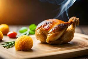 une poulet sur une en bois Coupe planche avec fumée à venir en dehors de il. généré par ai photo