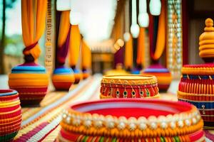 coloré paniers sur une rayé table avec coloré chiffon. généré par ai photo