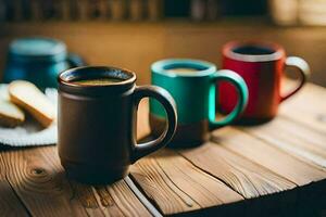 café tasses sur une en bois tableau. généré par ai photo