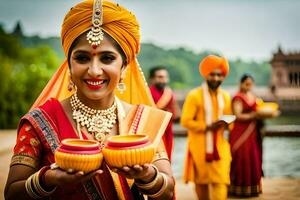 une femme dans traditionnel Indien tenue en portant une bol. généré par ai photo