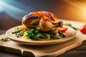 une poulet sur une en bois Coupe planche avec des légumes. généré par ai photo