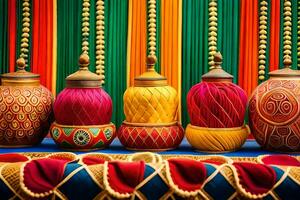 coloré des vases sur une table avec coloré tissu. généré par ai photo