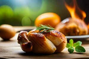 une poulet est séance sur une assiette avec herbes. généré par ai photo