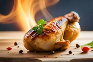 une poulet sur une en bois Coupe planche avec Feu. généré par ai photo