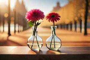 deux des vases avec fleurs séance sur une tableau. généré par ai photo