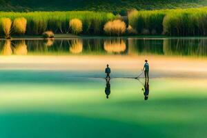deux gens sont permanent sur le bord de une lac. généré par ai photo