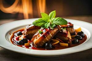 une assiette de nourriture avec Viande et sauce sur il. généré par ai photo