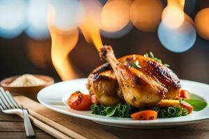 une poulet sur une assiette avec des légumes et une fourchette. généré par ai photo