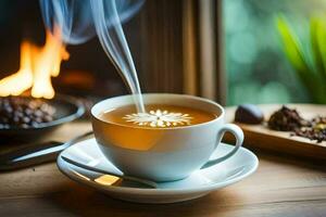 une tasse de café avec une fumant tasse de café sur une table dans de face de une cheminée. généré par ai photo