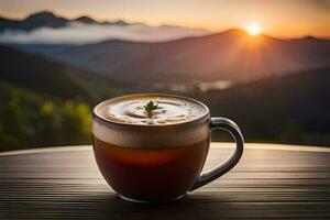 une tasse de café avec une vue de le montagnes. généré par ai photo