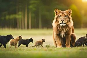 une Lion et le sien petits dans le sauvage. généré par ai photo