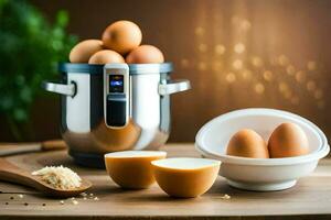 des œufs dans une panier suivant à un électrique pression cuisinier. généré par ai photo