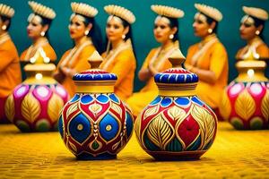 une groupe de femmes dans coloré costumes sont séance autour une tableau. généré par ai photo