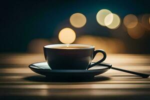 une tasse de café sur une en bois table avec bokeh lumières. généré par ai photo