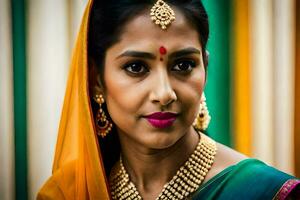 une femme dans une sari avec or bijoux et rouge rouge à lèvres. généré par ai photo