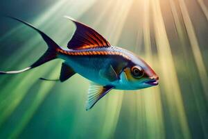 une poisson avec brillant rouge et noir rayures est nager dans le l'eau. généré par ai photo