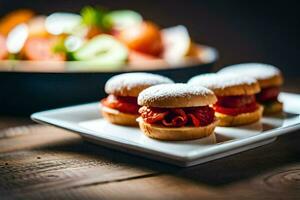 petit des sandwichs sur une assiette avec une bol de fruit. généré par ai photo