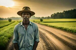 une homme dans une chapeau permanent sur une saleté route. généré par ai photo