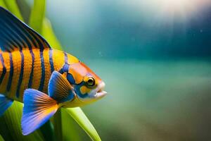 une poisson avec brillant bleu et Orange rayures. généré par ai photo