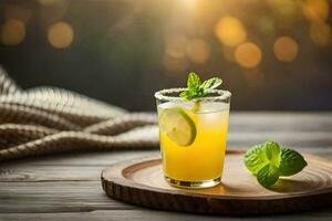 une verre de Orange jus avec menthe feuilles sur une en bois plateau. généré par ai photo