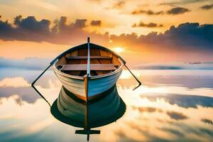 une bateau est séance sur le l'eau à le coucher du soleil. généré par ai photo