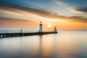 une phare des stands sur le l'eau à le coucher du soleil. généré par ai photo