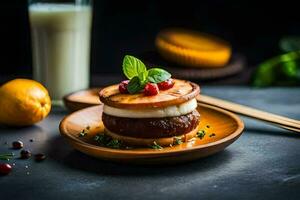 une assiette avec une Burger et une verre de lait. généré par ai photo