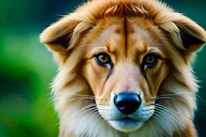 une proche en haut de une chien avec bleu yeux. généré par ai photo