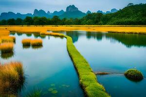 le rivière est entouré par herbe et grand herbe. généré par ai photo