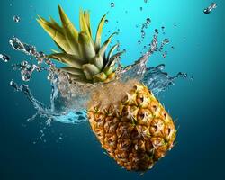 ananas avec l'eau éclaboussure dans bleu Contexte. studio tirer produit la photographie. ai généré photo