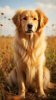 d'or retriever avec une branché les Lions crinière couper, posant dans une champ photo