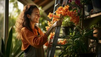 passionné jardinier dans action une Jeune femme avec une brillant sourire photo