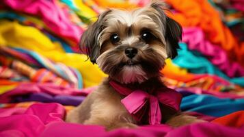 shih tzu avec une espiègle chignon, séance sur une coloré couverture photo