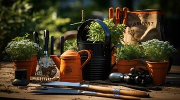 jardinage - ensemble de outils pour jardinier et pots de fleurs fermer photo