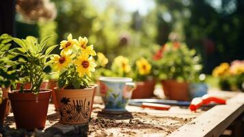 jardinage - ensemble de outils pour jardinier et pots de fleurs fermer photo