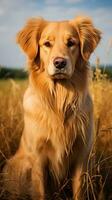 d'or retriever avec une branché les Lions crinière couper, posant dans une champ photo